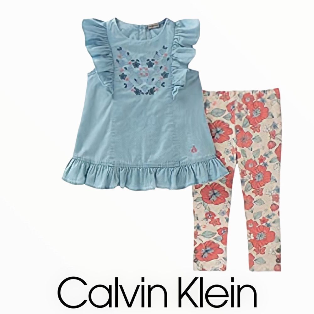 CALVIN KLEIN | Blue & Coral | CHAMBRAY TUNIC WITH FLORAL LEGGINGS